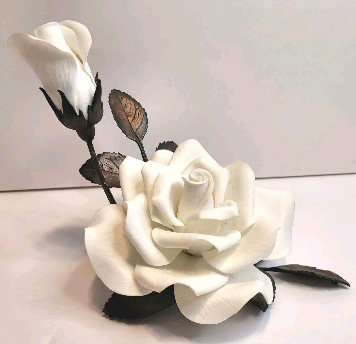 Boehm White Porcelain Liberty Rose Ceramic Flower Bronze Stem Sculpture AS IS