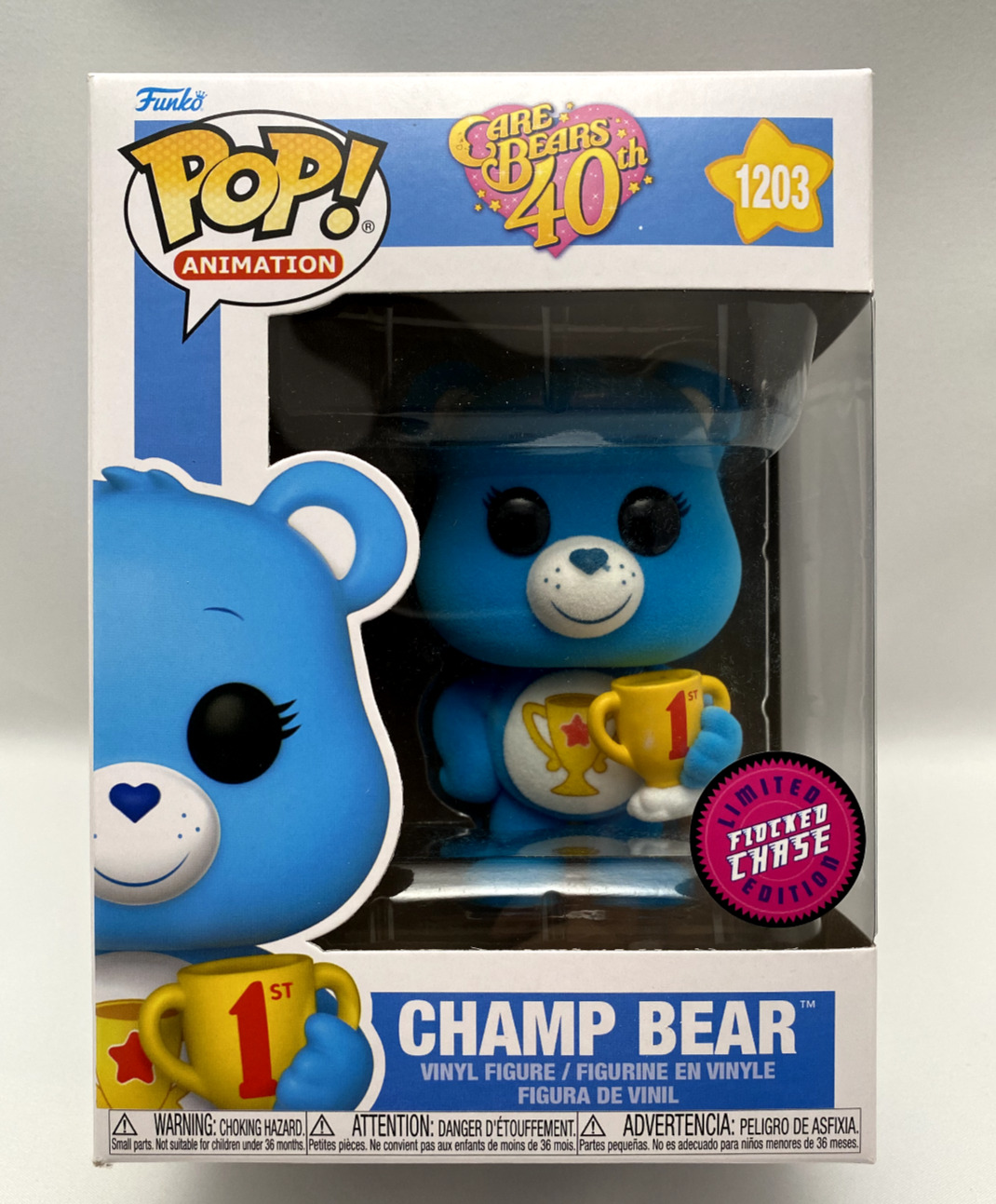 Funko POP Care Bears 40th Champ Bear Limited Edition Flocked Chase #1203
