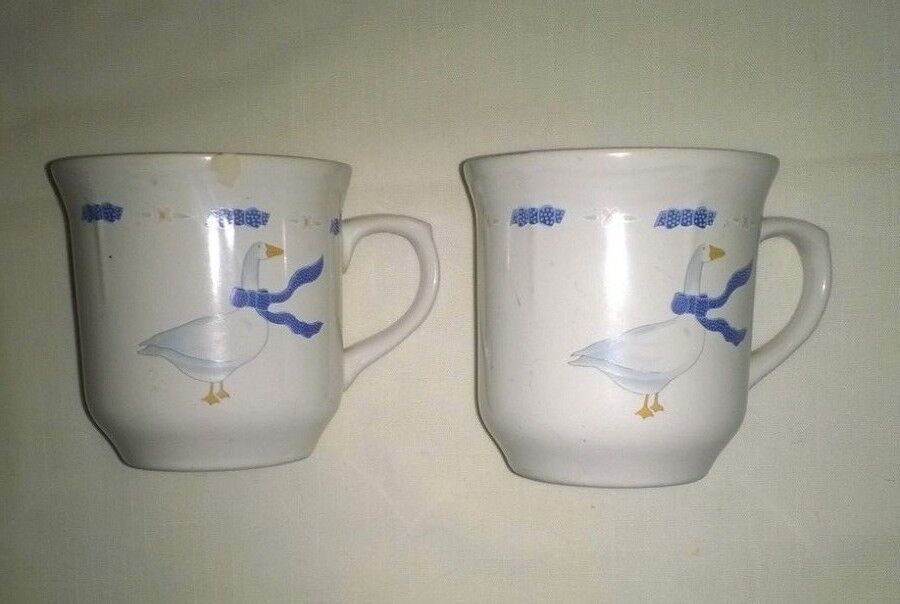 Vintage Newcor Countryside Geese Pattern Stoneware 2 Large Cups Mugs