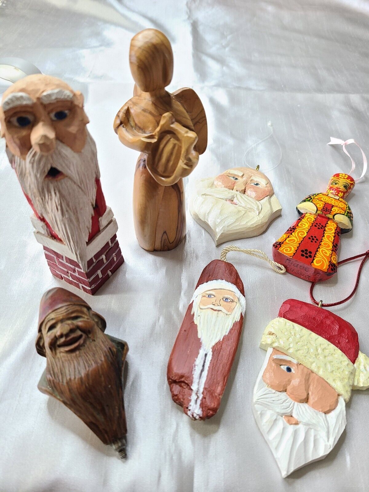 7 VTG handmade artist signed wood XMAS Ornaments Figurines Personal Collection 
