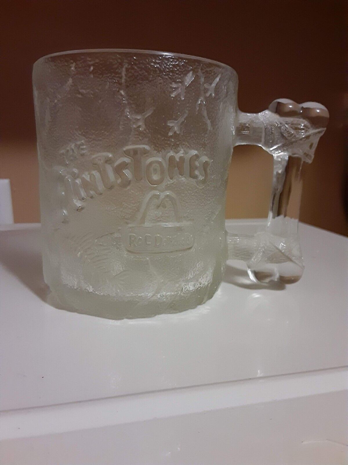 Vintage 1993 McDonalds Ex. FLINTSTONES Pre-Dawn Frosted Glass Mug w/ Bone Handle