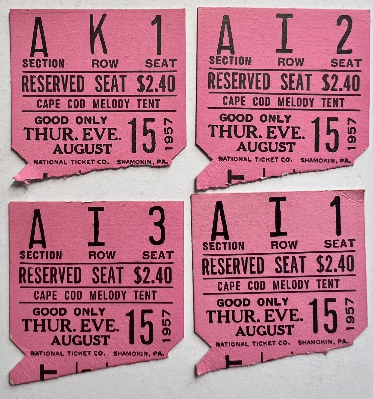 Hyannis MA Cape Cod Melody Tent 1957 Ticket Stubs Vintage Collectible