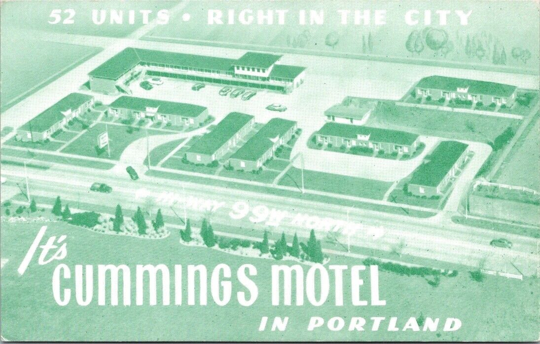 Portland OR Cummings Motel Aerial View 99W Green Oregon postcard DQ4