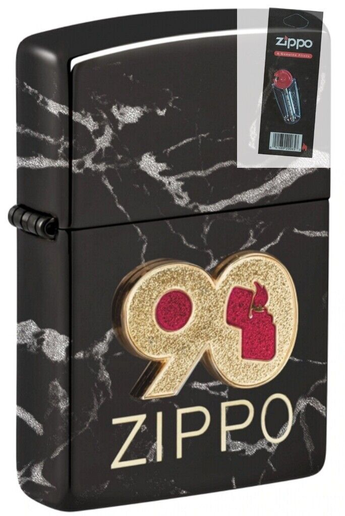 Zippo 49864 90th Anniversary Commemorative Black Lighter + FLINT PACK