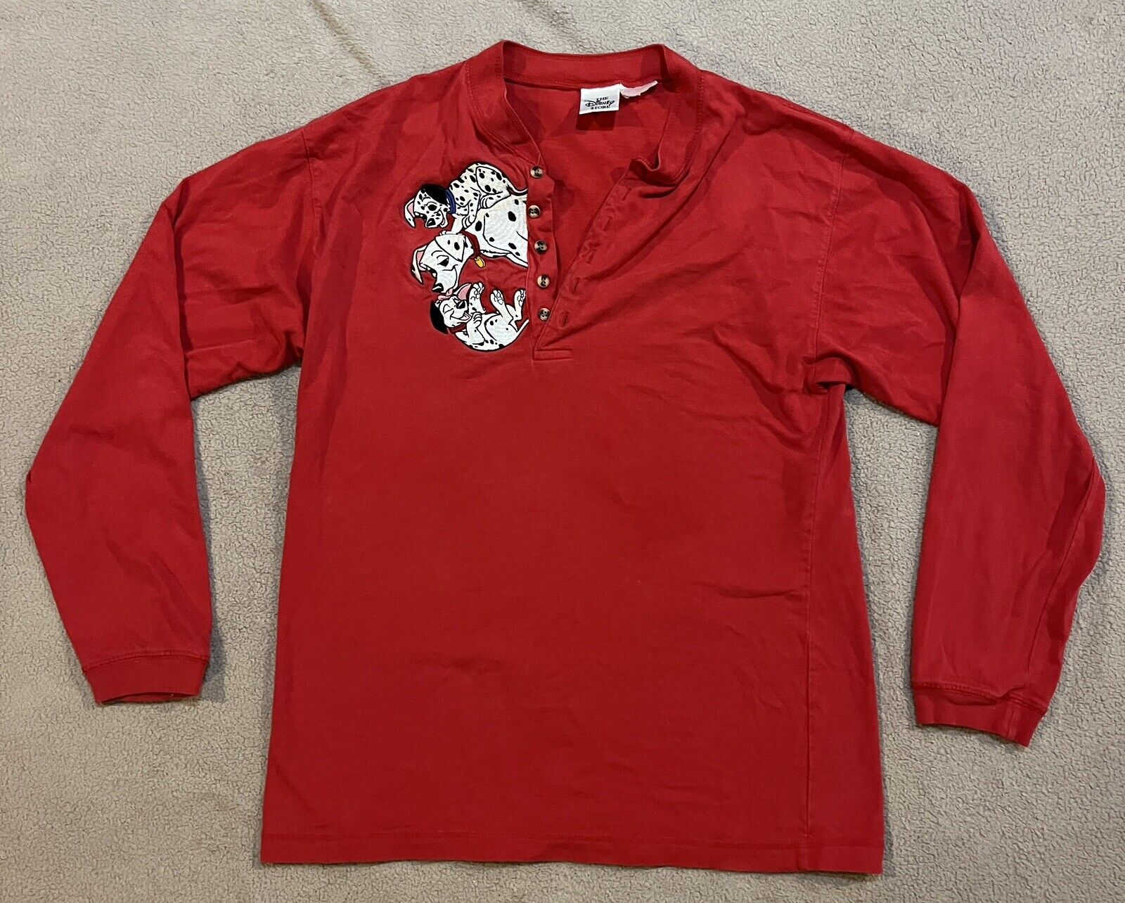 Vintage Disney Store 101 Dalmatians Adult M/L Shirt Embroidered Henley Red