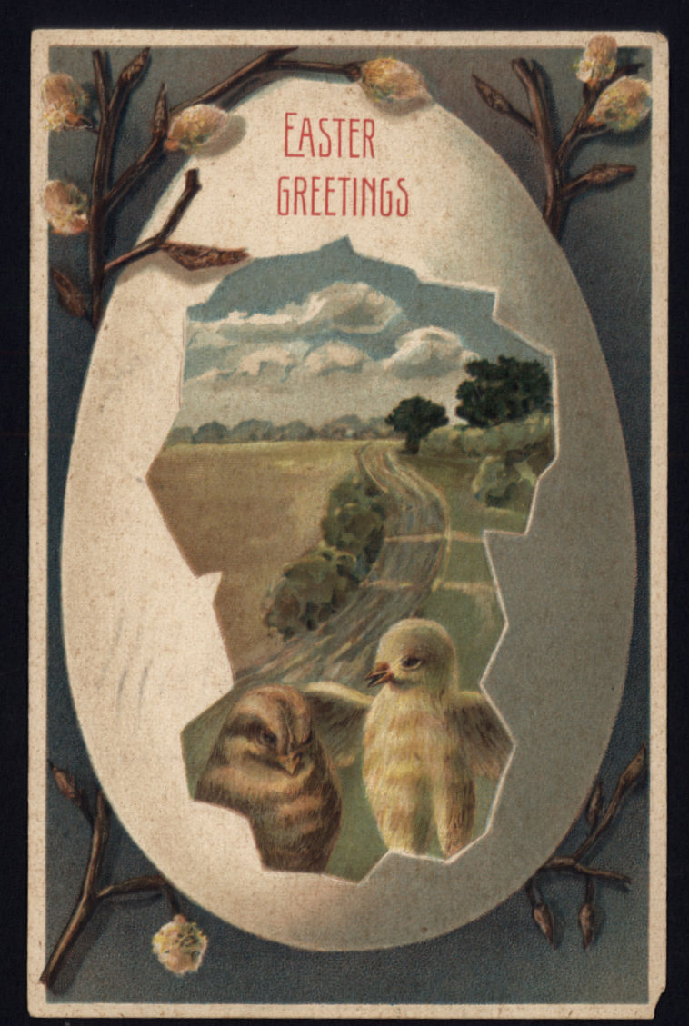 1909 EASTER GREETINGS - Embossed CHICKS EGG landscape POSTED message 1c stamp