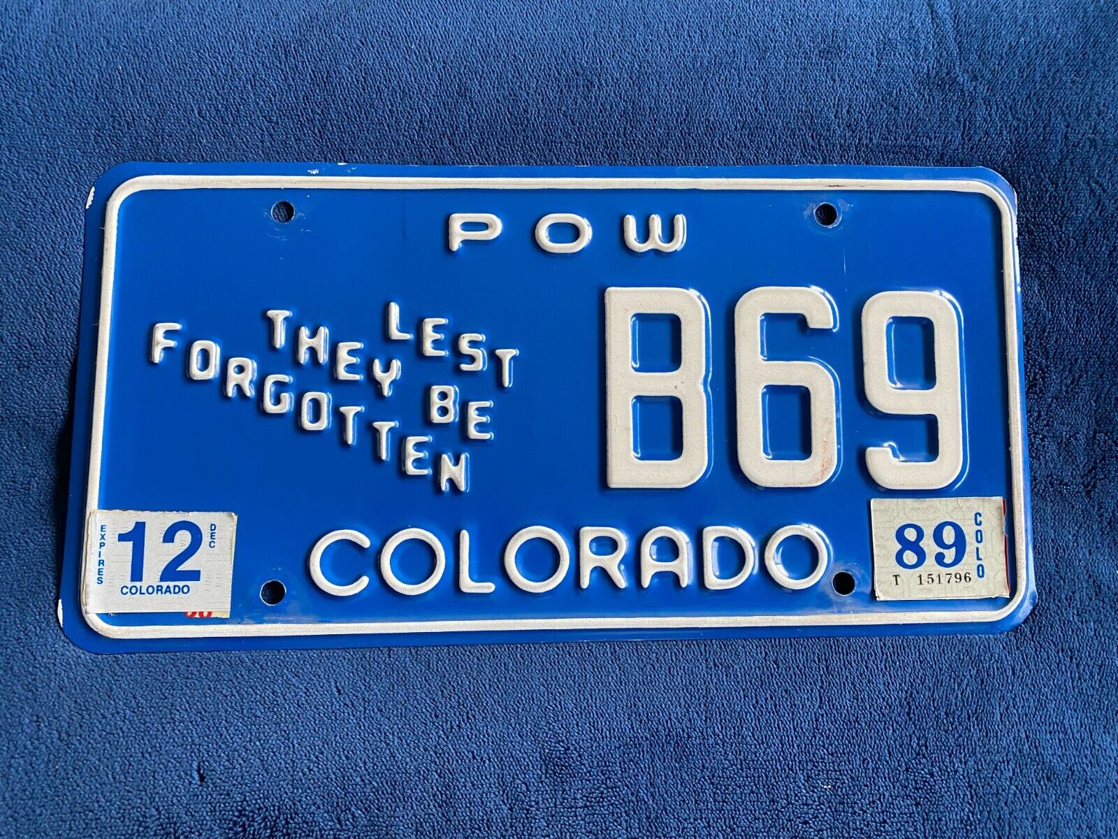1989 Colorado POW Prisoner of War Lest They Be Forgotten License Plate # B69