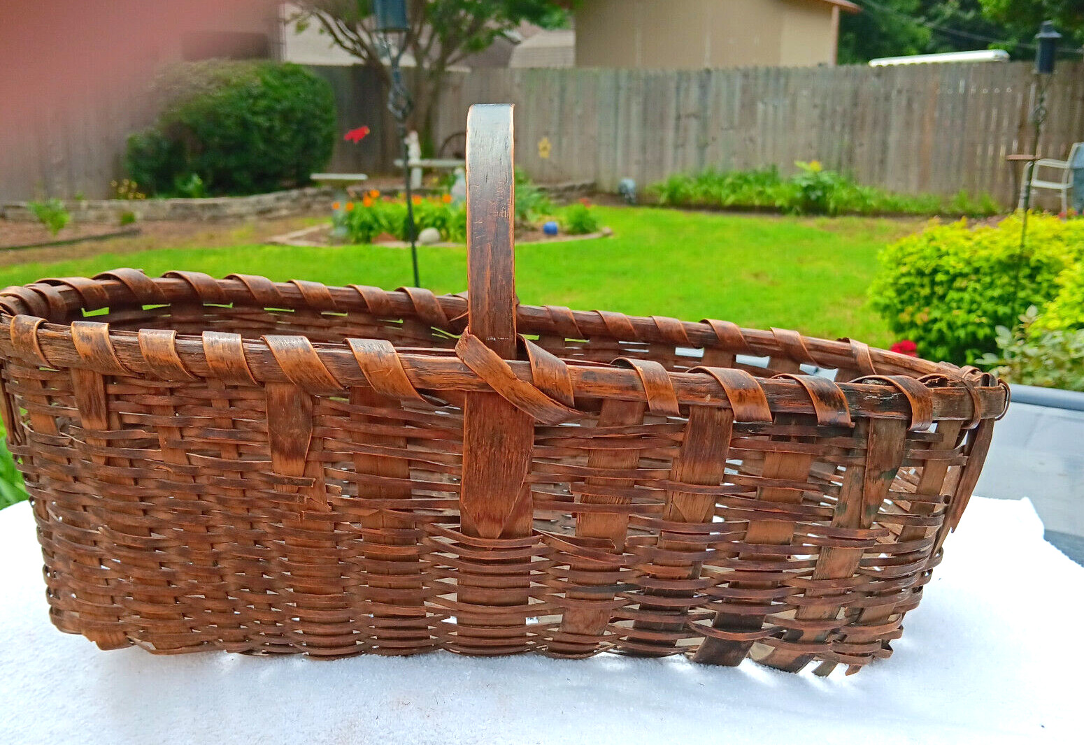 Antique Early Hand Woven Oak Splint Gathering Basket w/Handle & Great Patina