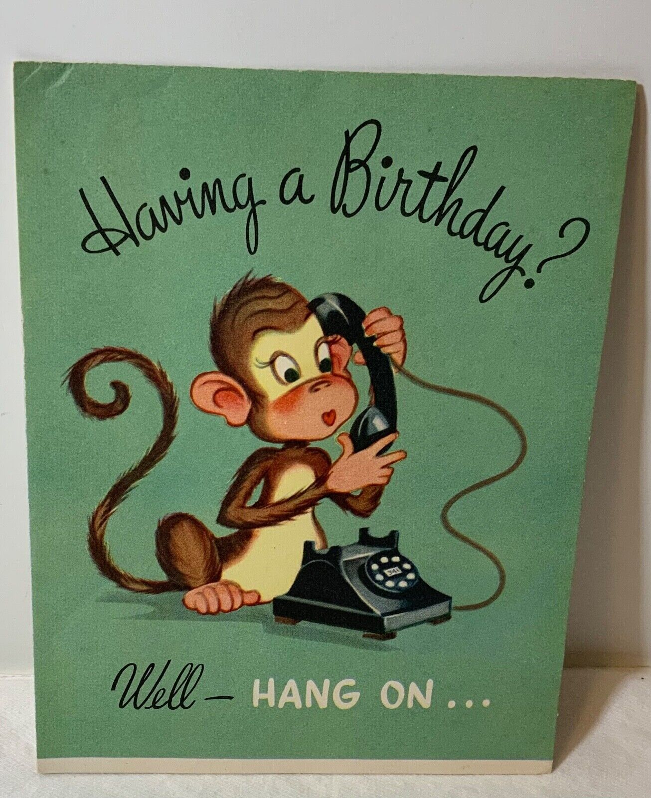 VTG Admiral Birthday Card Pop Up Monkey on Phone & Hanging from Chandelier