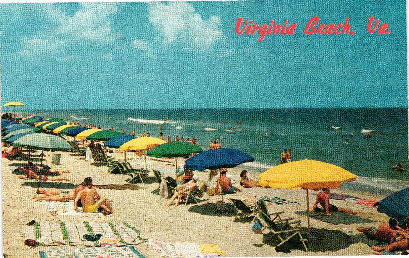 Virginia Beach VA Sunbathers Swimmers Sand Ocean C1950 Unposted Vintage Postcard