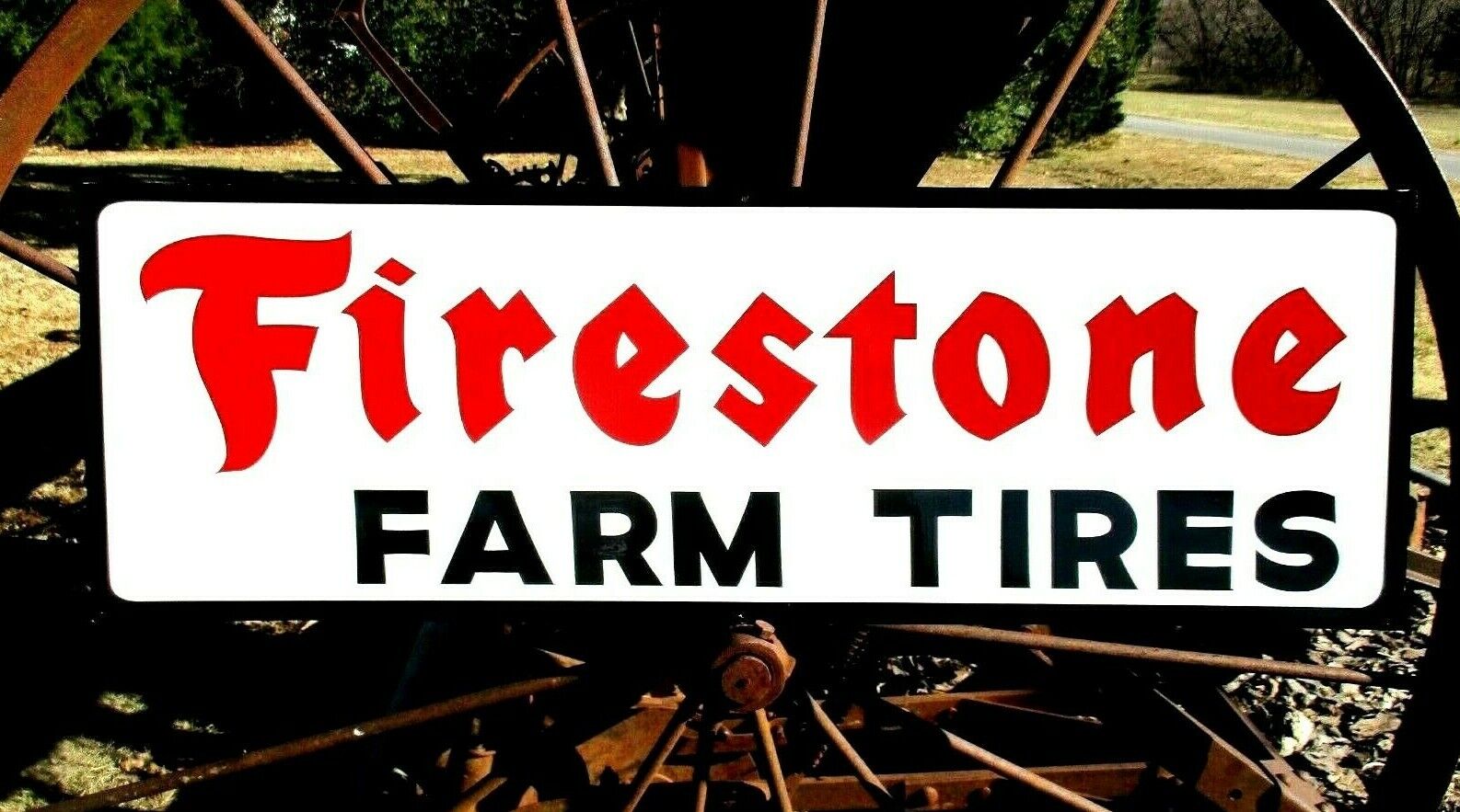  Vintage Hand Painted FIRESTONE FARM TIRES Motor Dealership Sign Gas Oil bl Trim
