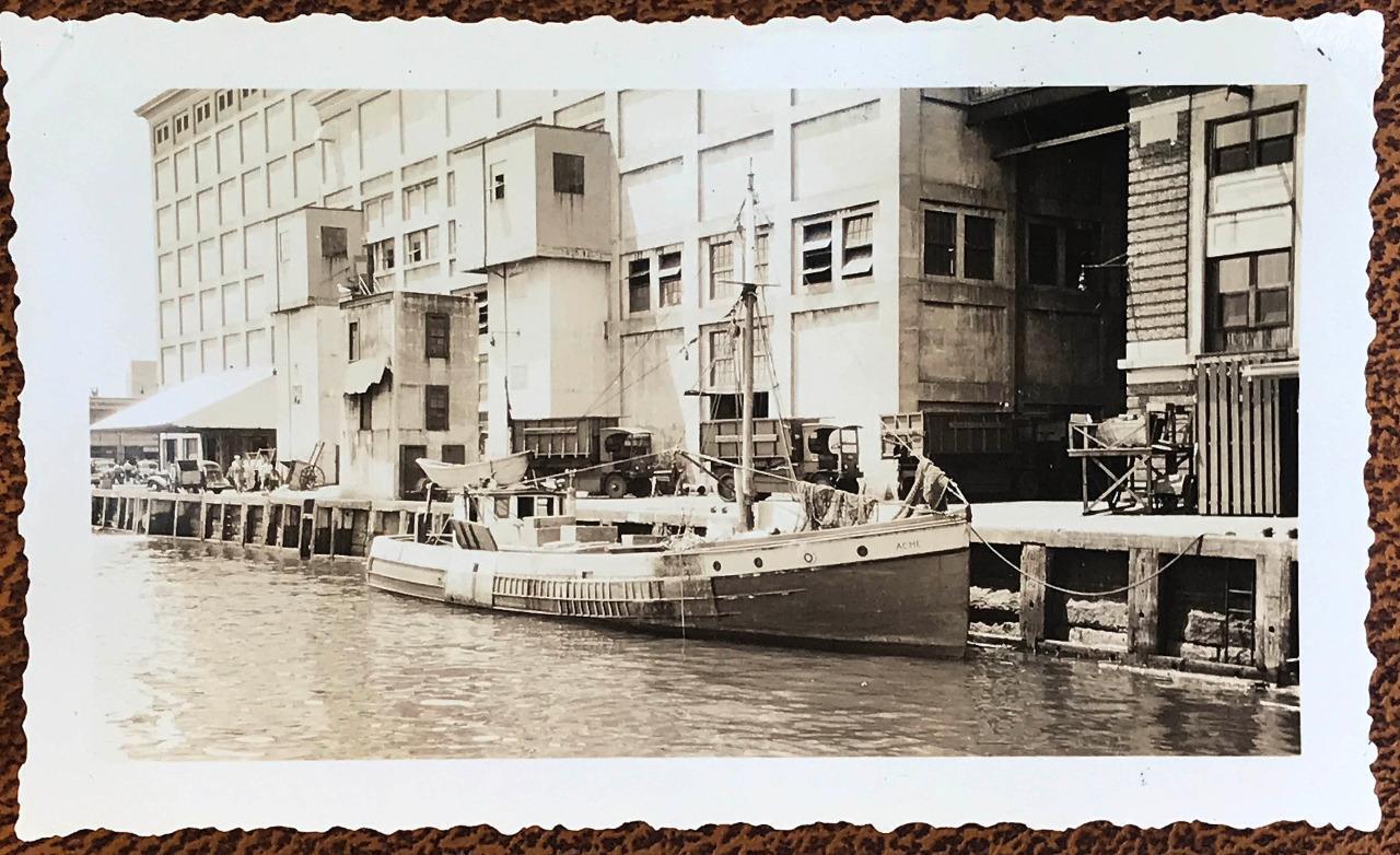 Vintage 1930s photo: BOSTON HARBOR Vanishing Wharf? Boat at pier