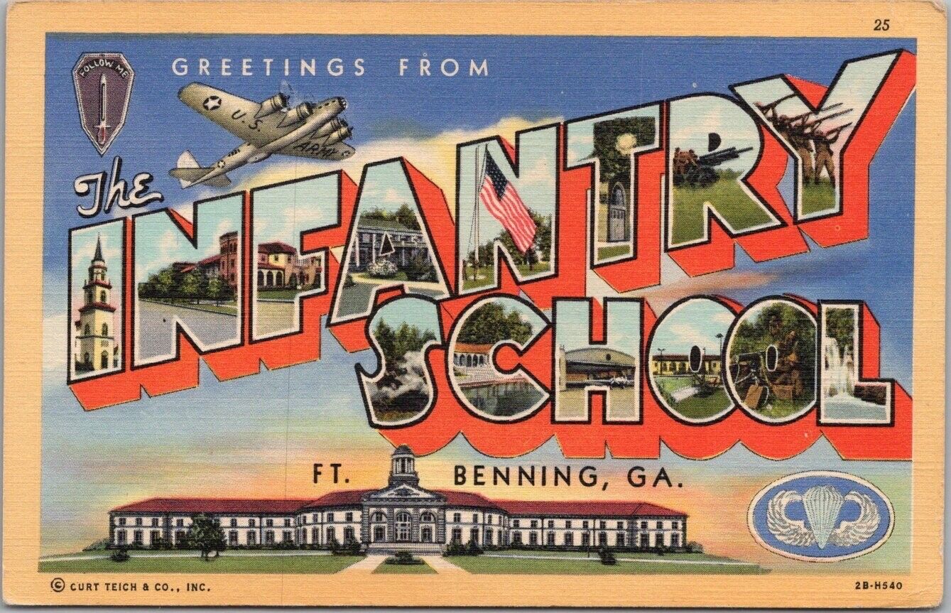 1942 Fort Benning, GA Large Letter Linen Postcard Greetings from INFANTRY SCHOOL