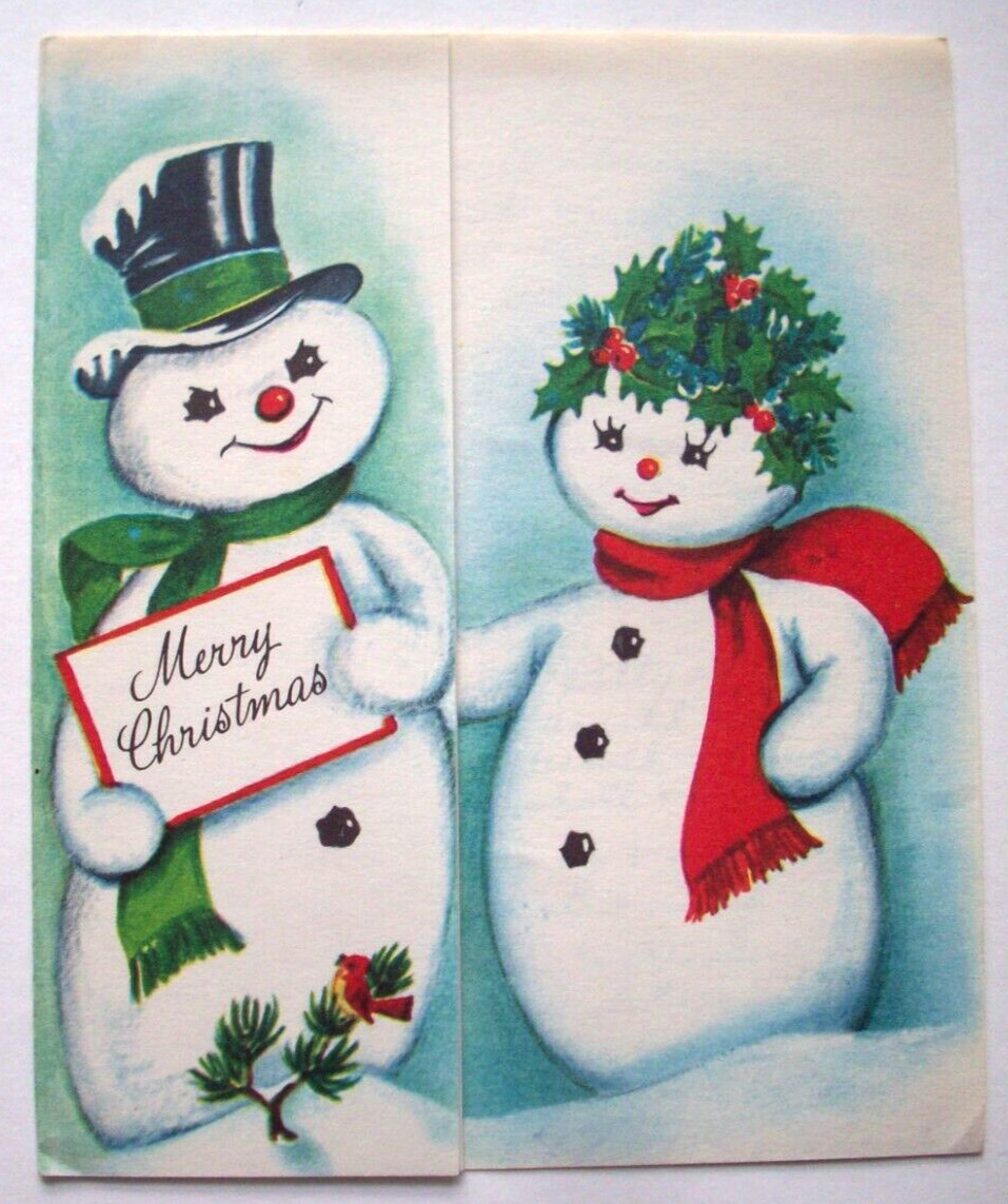 Snowman couple vintage Christmas greeting card *LL15