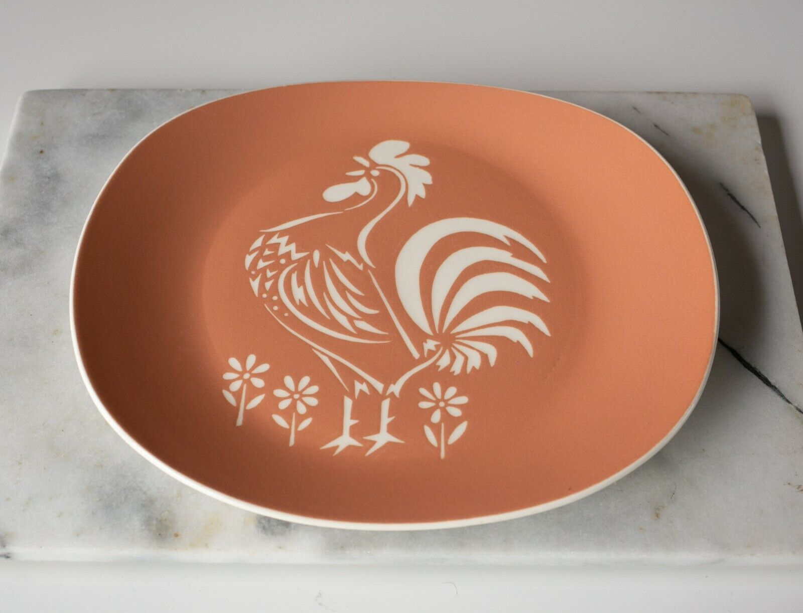 Vintage HARKERWARE Oval Platter Rooster Coral 13.25 inches MCM