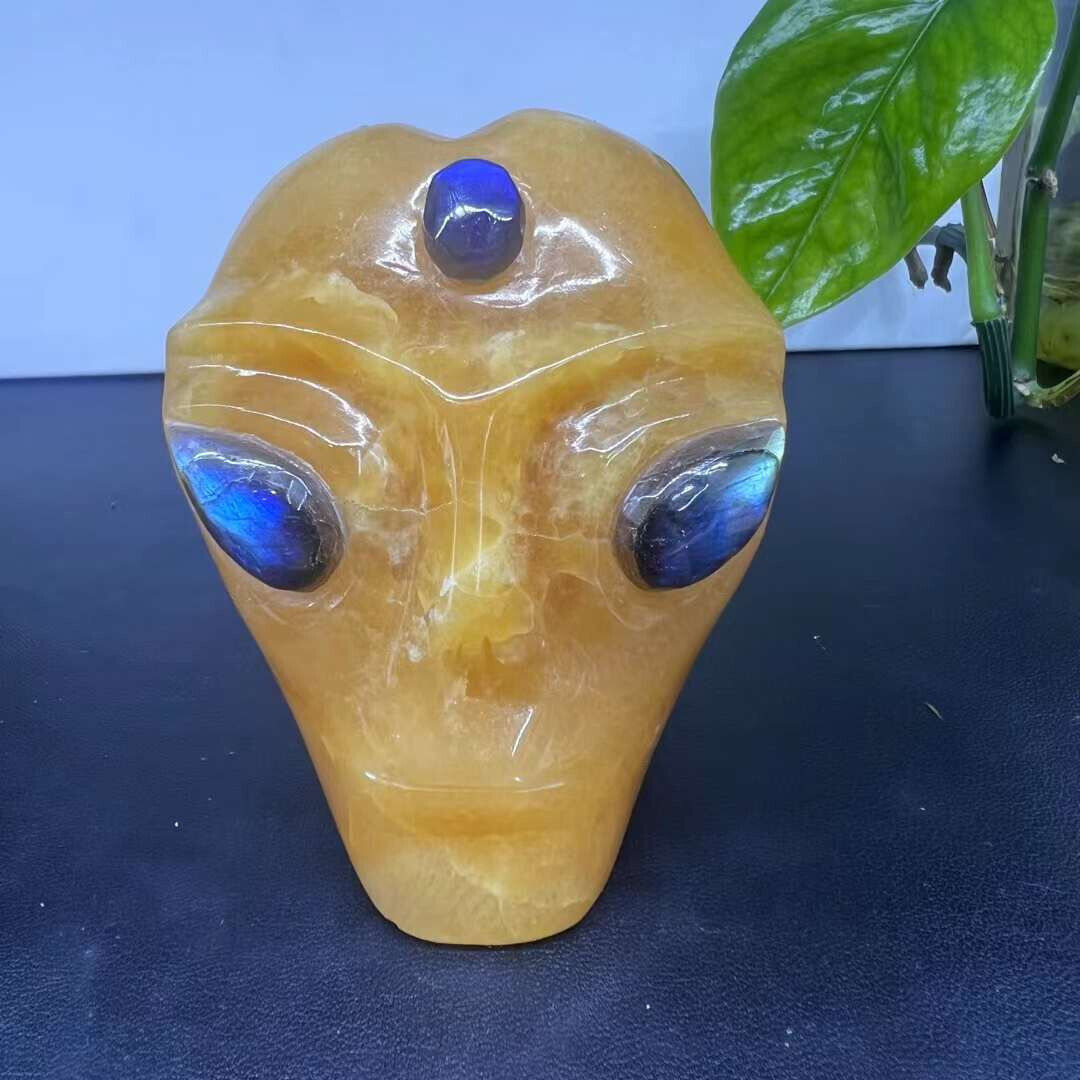 1pcs Natural Yellow Calcite Quartz Carved Alien skull Crystal  Energy Healing