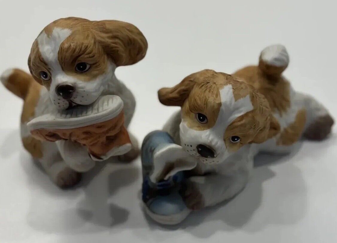 2 Vintage HOMCO Puppies with Shoe Porcelain Figurine #1405
