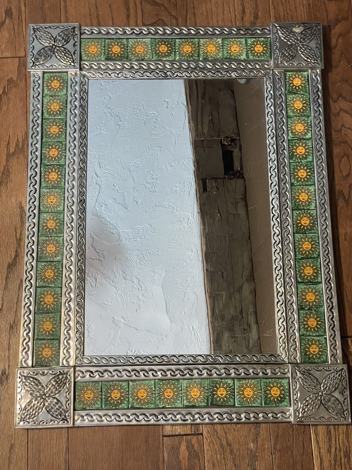 Talavera Tile Mexican Punched Tin Silver Mirror-Folk Art Boho VTG Yellow Sun