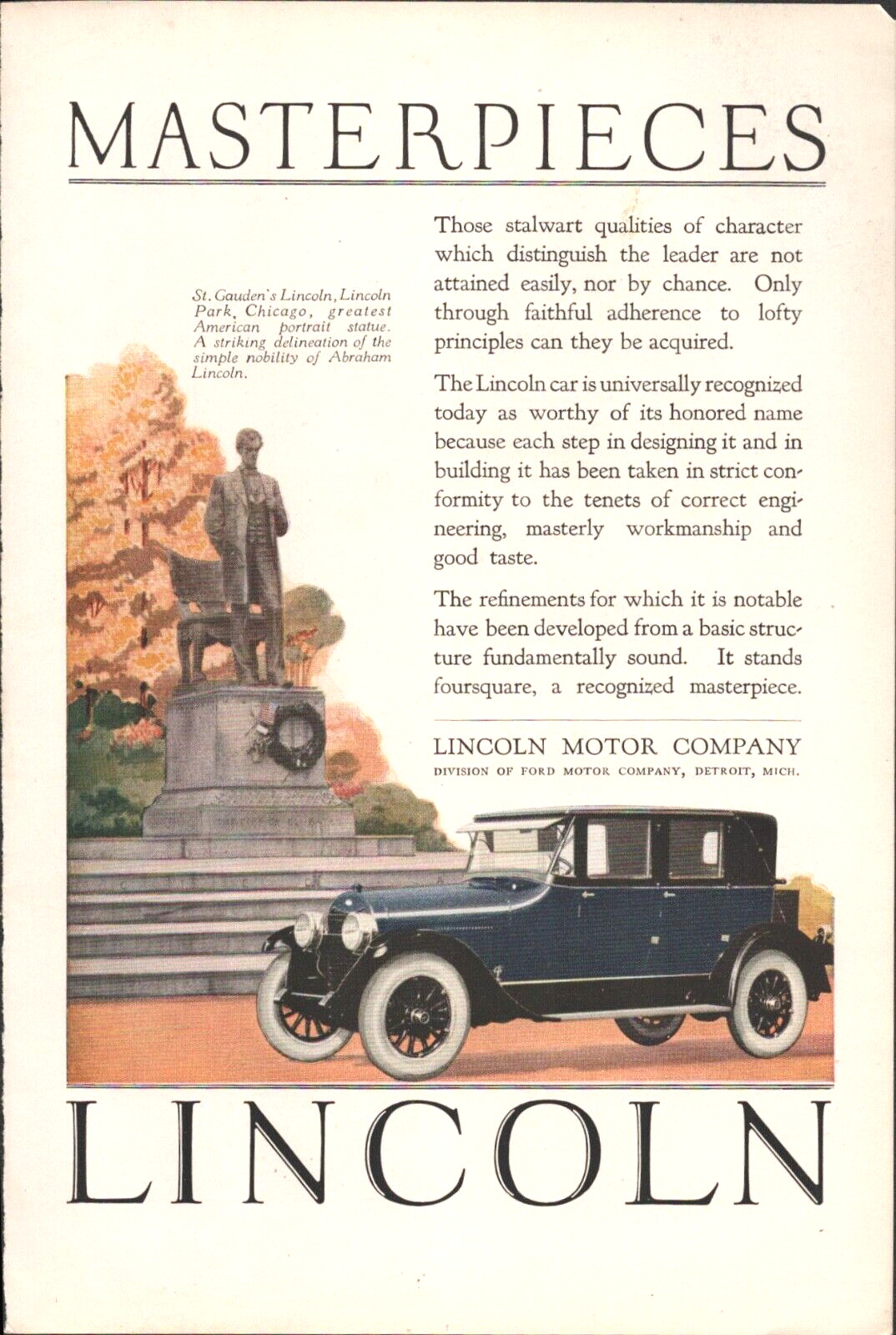 1924 LINCOLN MOTOR CO. (FORD) antique magazine advertisement ST. GAUDEN'S STATUE