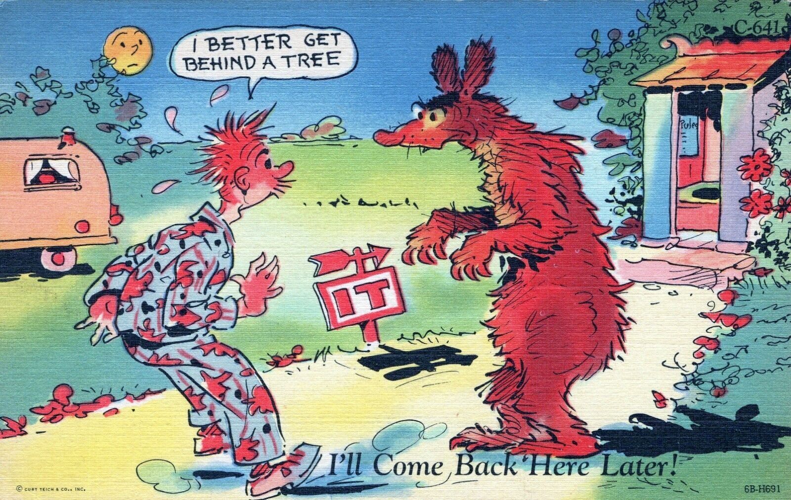 I'll Come Back Here Later. Unposted Linen Comic, Humor & Funny Postcard