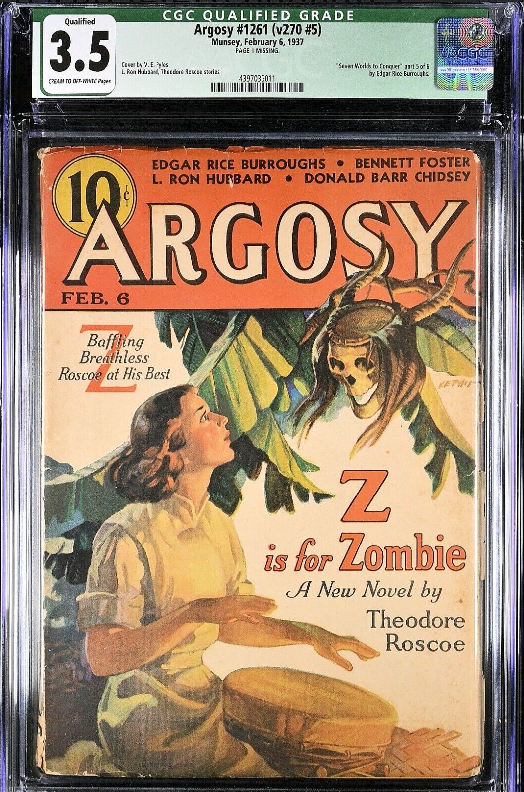 Argosy Pulp Feb 1937 CGC 3.5 Qualified Skull Cover Edgar Rice Burroughs Story 