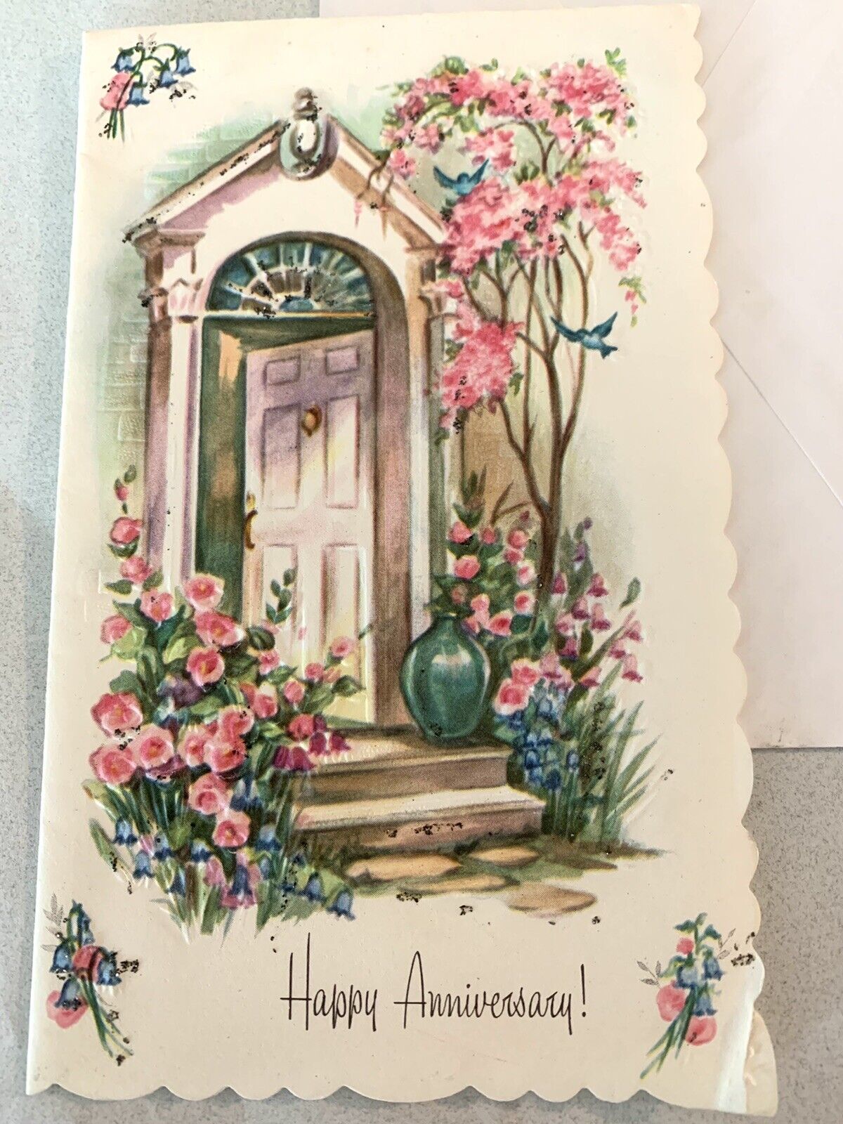 Vintage Happy Anniversary Greeting Card Front Door Blue Birds & Pink Floral