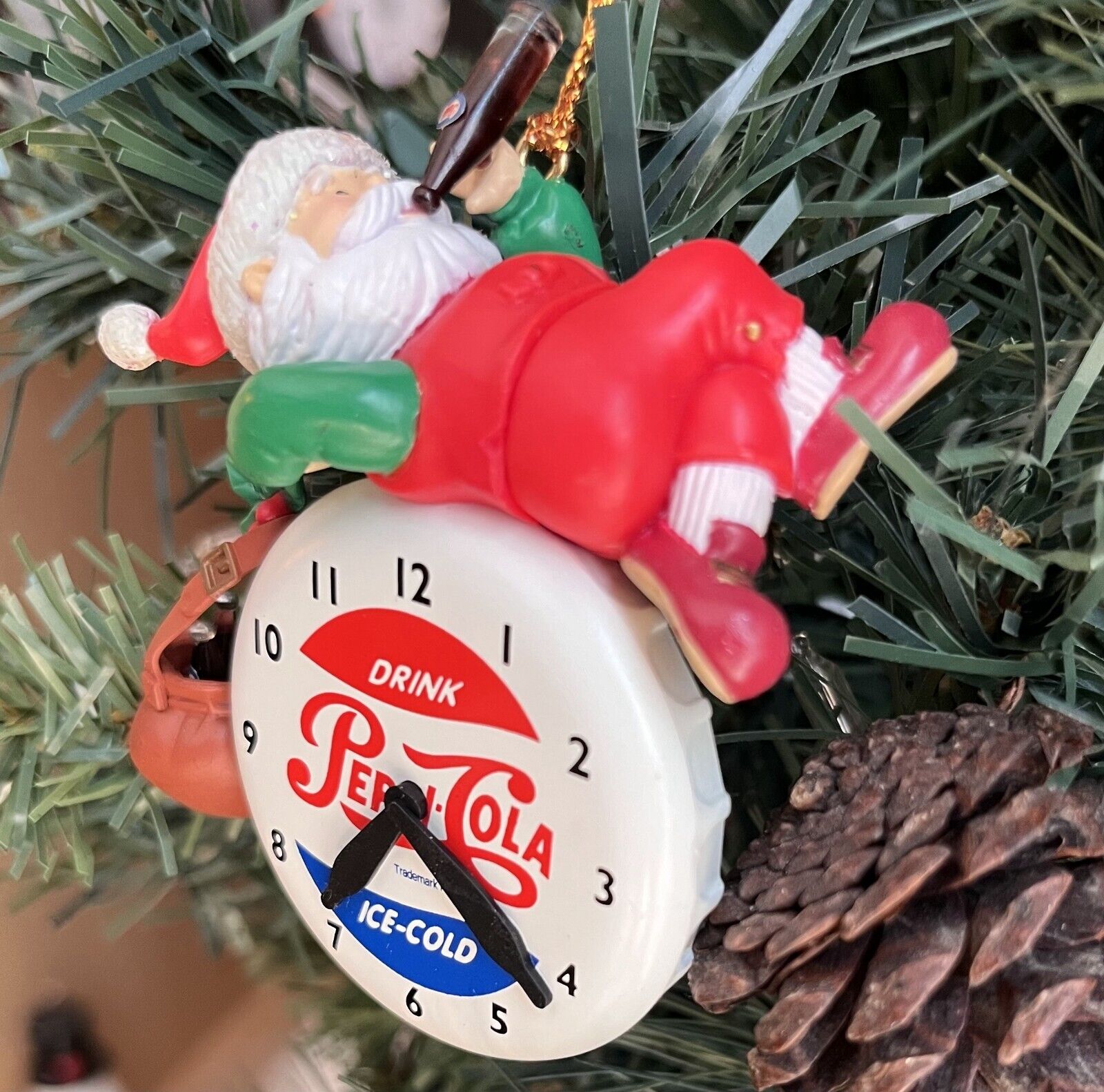 Christmas Ornament 1997 Pepsi Cola Collectable Hanging Santa Claus on a Clock