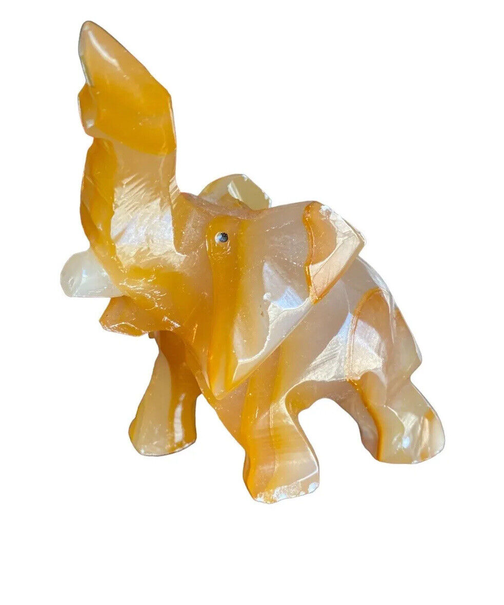 Orange Banded Calcite Elephant Figurine Figure Trunk Up Vtg Orange 
