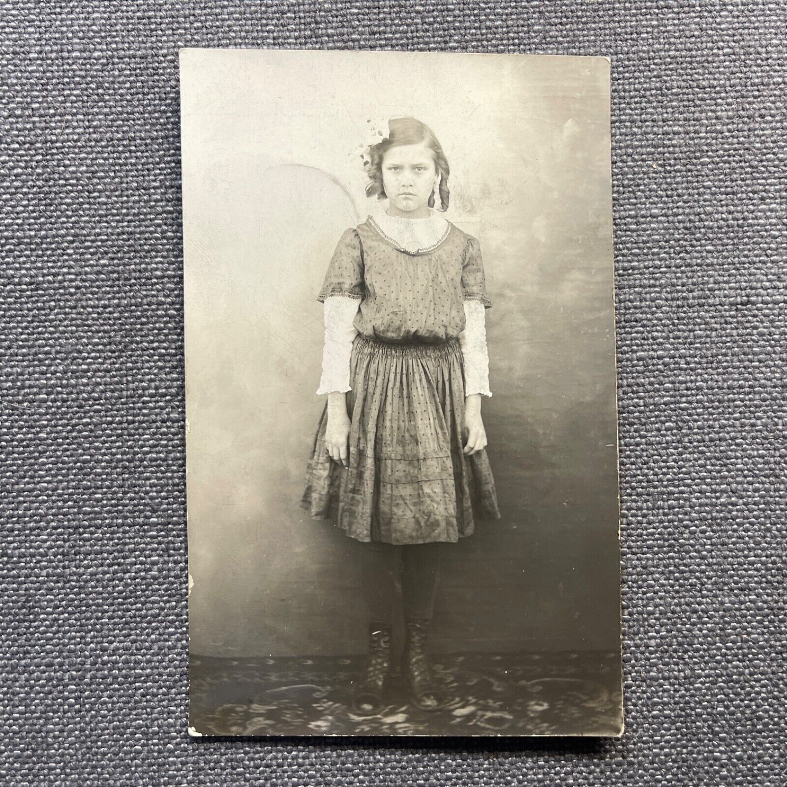 Antique Postcard Rppc Girl Wearing Polka Dot Dress Hair in Ringlets with Bow