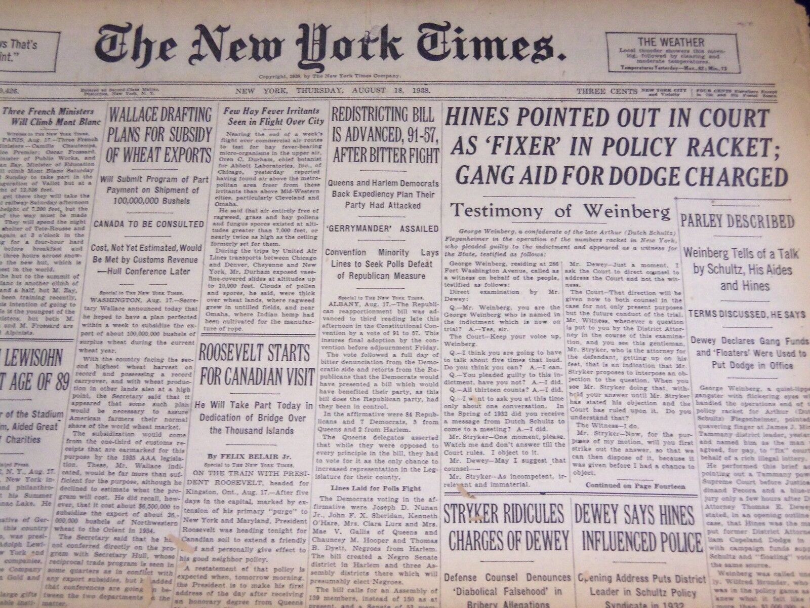 1938 AUG 18 NEW YORK TIMES - HINES POINTED OUT IN COURT AS FIXER - NT 2475