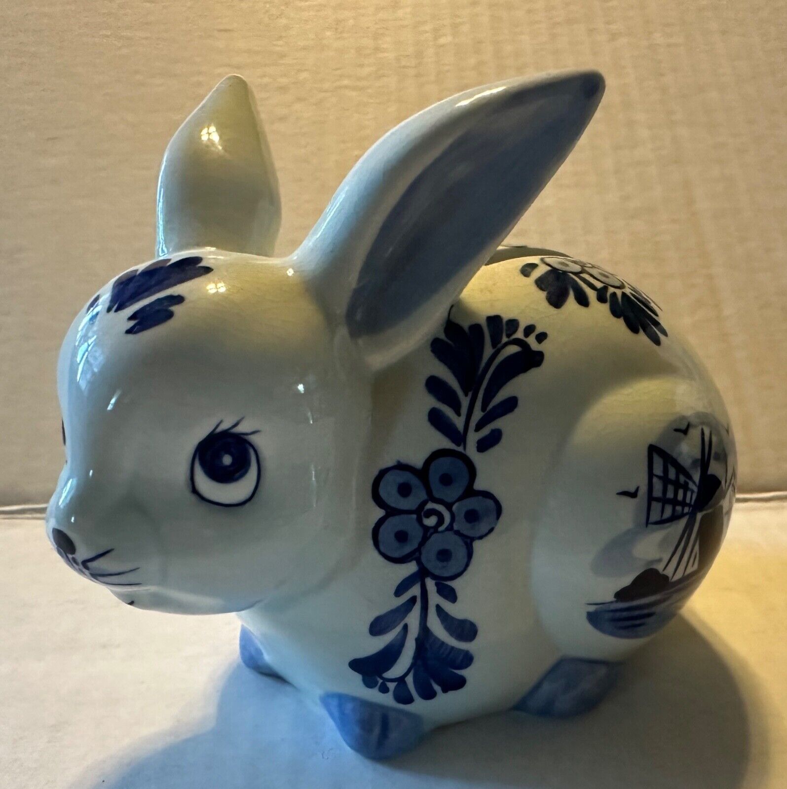 Vintage Delft Holland Bunny Coin Bank Blue Ceramic Hand-Painted Flowers