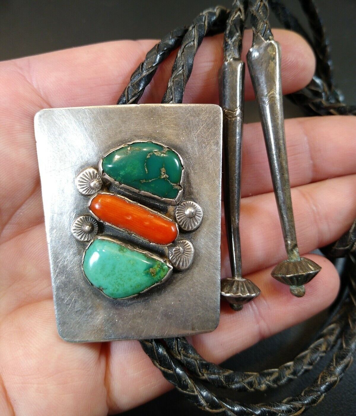 Old Navajo Sterling silver Natural Green Turquoise Coral BIG Bolo HEAVY