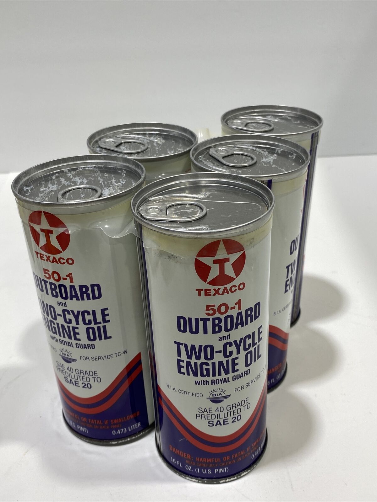 Vintage Texaco 50-1 Two Cycle Oil Can. 5 Pack Full
