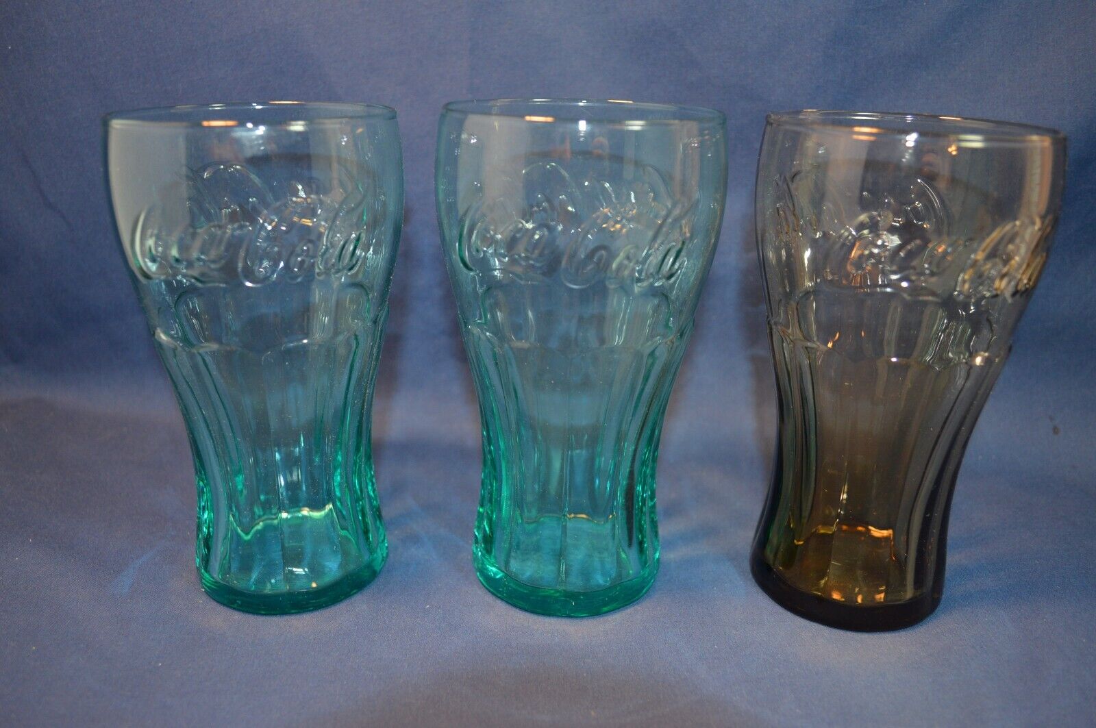 3 COCA COLA COKE GLASSES,2 GREEN,1 TAN,NICE PREOWNED COND,BEEN STORED AWAY