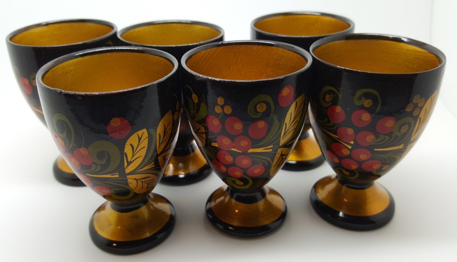 Russian 70\'s Vintage Russian Hand Painted Khokhloma 6 Glass Goblets Shot 