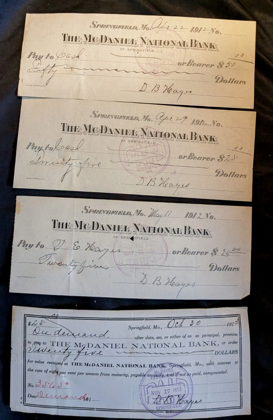 (3) 1912 Cancelled Checks (1) 1913 - McDaniel National Bank - Springfield MO.