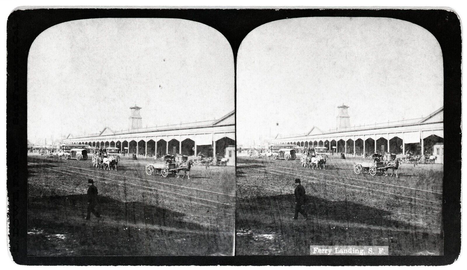 c.1880s SAN FRANCISCO EMBARCADERO ORIGINAL FERRY BUILDING,HORSES&WAGONS~NEGATIVE