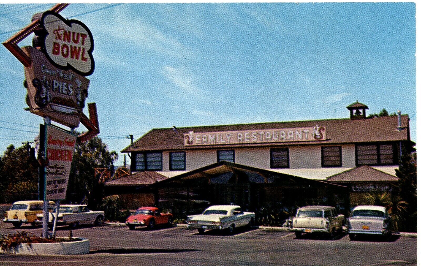 Postcard Walnut Creek, CA, The Nut Bowl Restaurant c1950s, Cars, Roadside