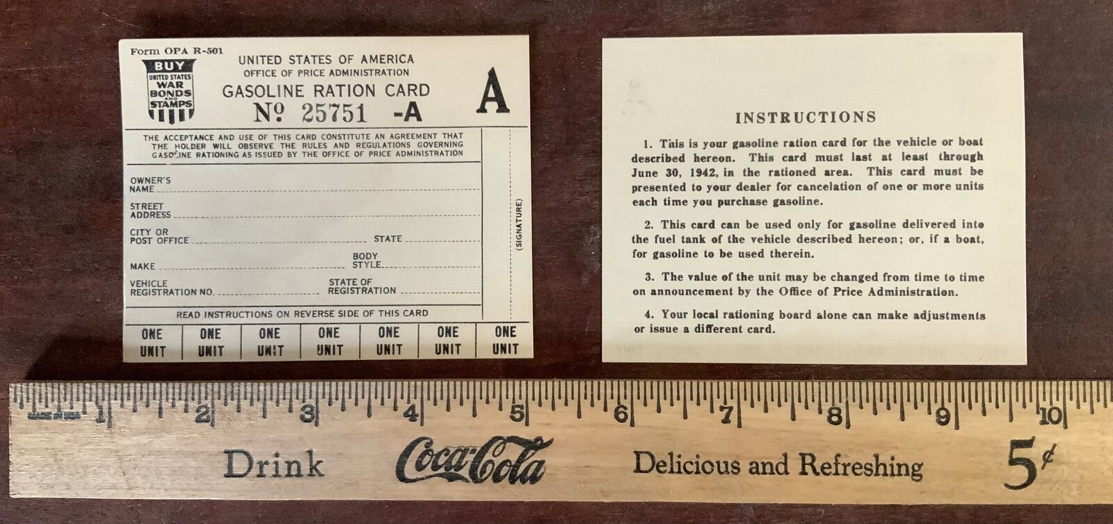 GASOLINE RATION CARD WWII 1939-1945 NEW