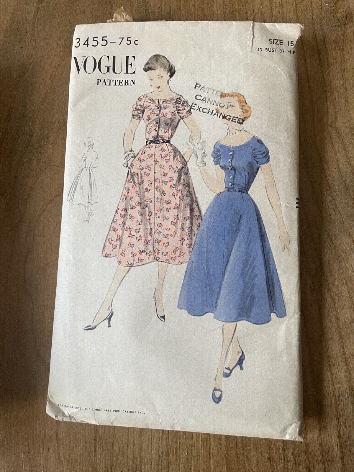 50s Vtg 1952 Vogue 3455 Dress Pattern sz 15 bust 33