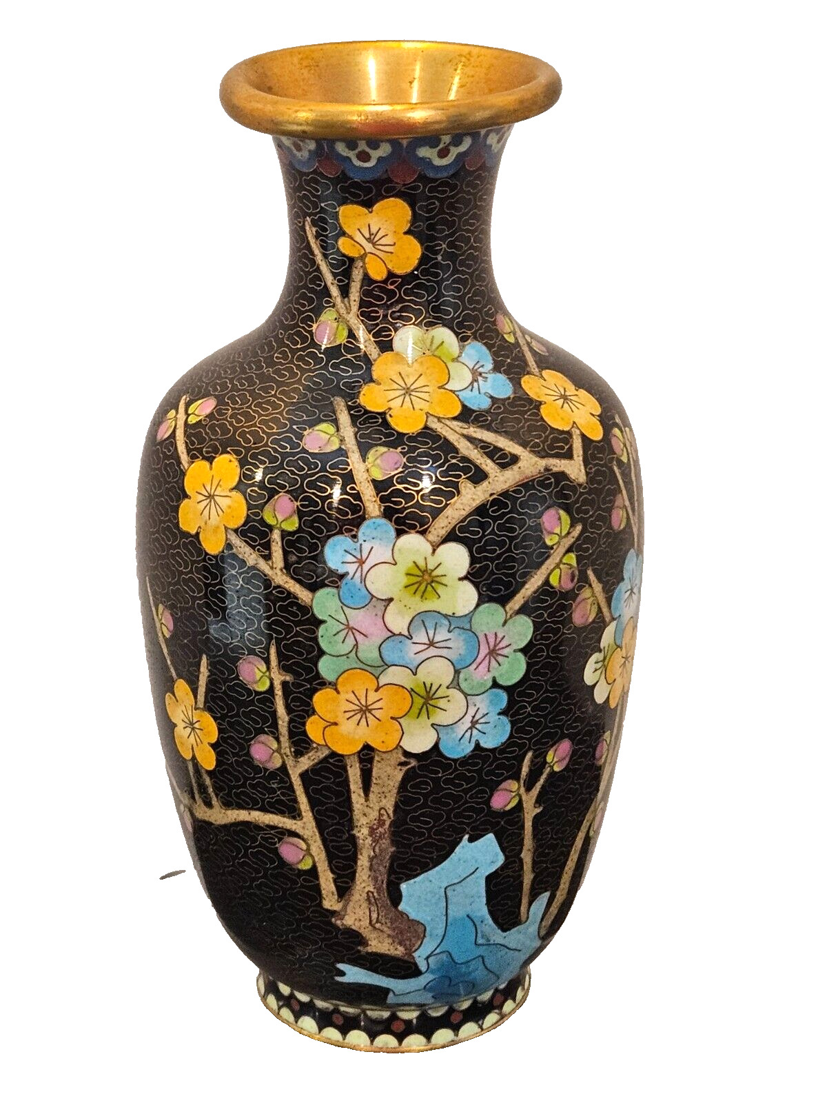 Vintage Chinese Cloisonne Hand Painted Enamel on Brass Vase Floral Pattern