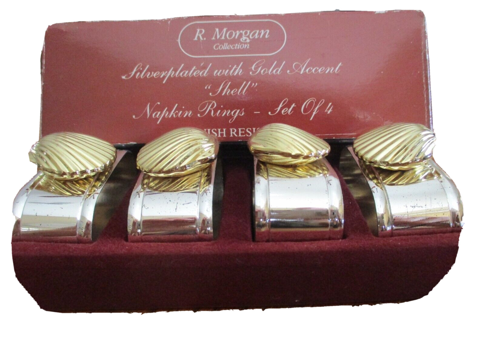 R. Morgan Collection, Silverplated Oval Napkin Rings, Gold Seashells, Signed,EUC