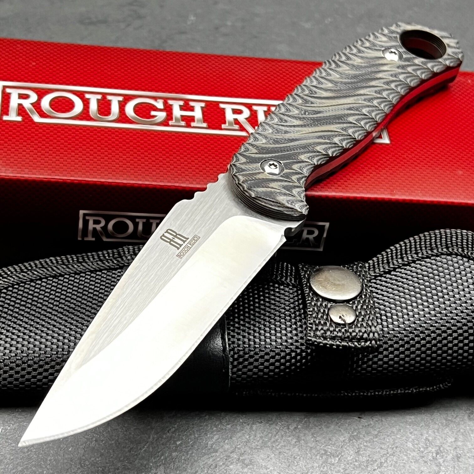 ROUGH RYDER Black G10 Fixed Blade Full Tang Hunting Skinning Knife with Sheath