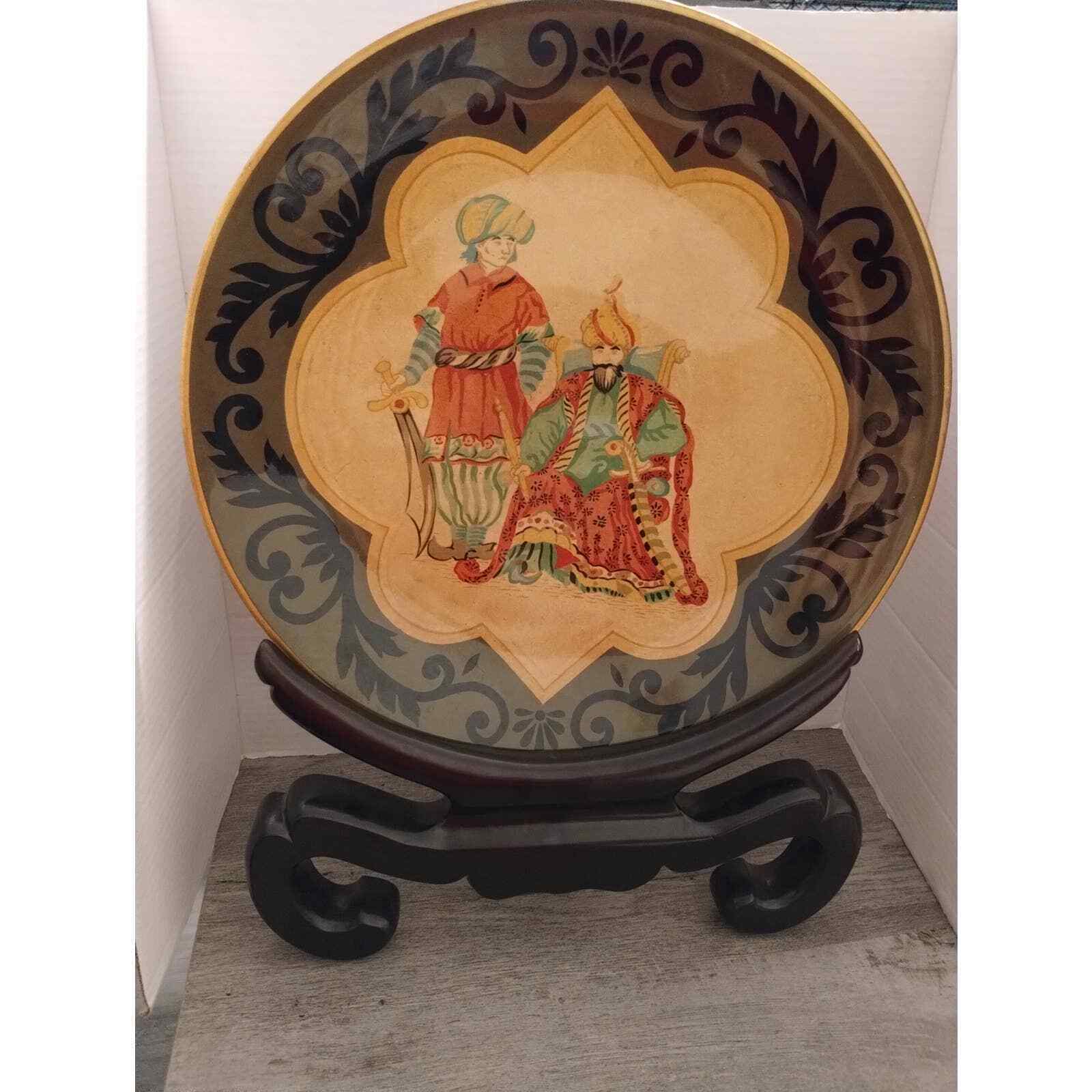 Large Terracotta Display Plate with Mahogany Stand Persian Design