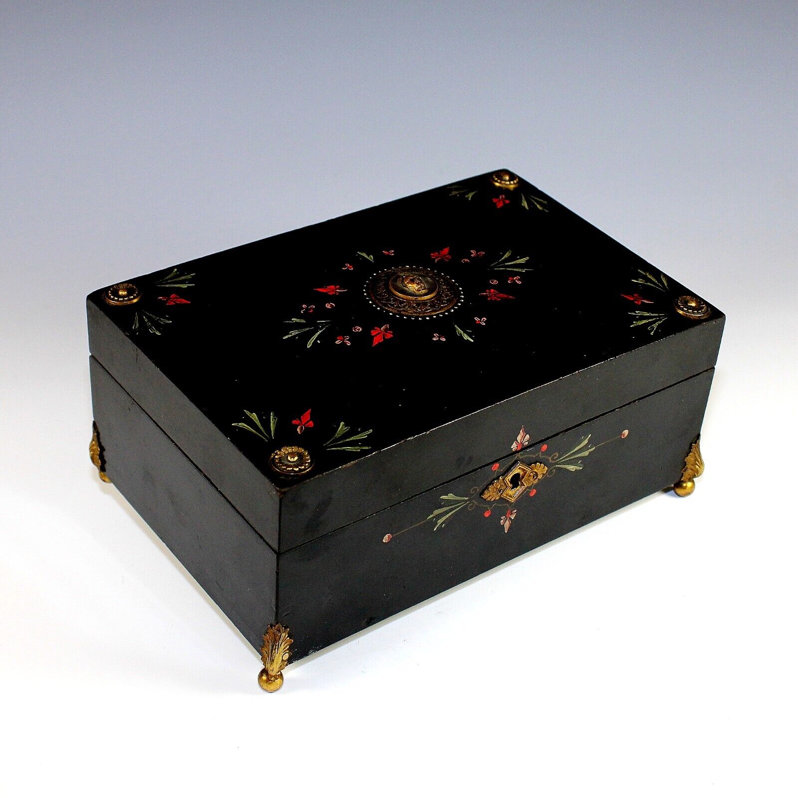 Napoleon III Hand Painted Jewelry Box with Red Silk Lining and Appliques