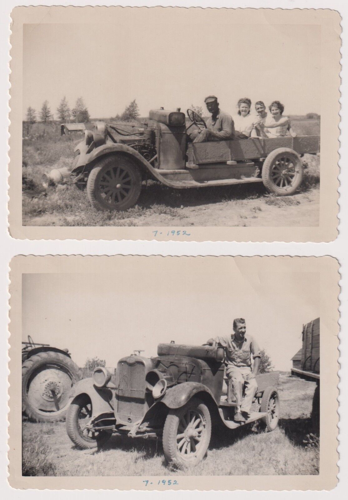 2 Photos 1952 Farm Scene Jalopy Car Converted to Flat Bed Truck, Pretty Girls