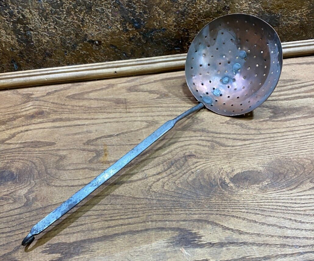Antique French Colonial Copper Ladle / Skimmer ~ Blacksmith made kitchen Utensil