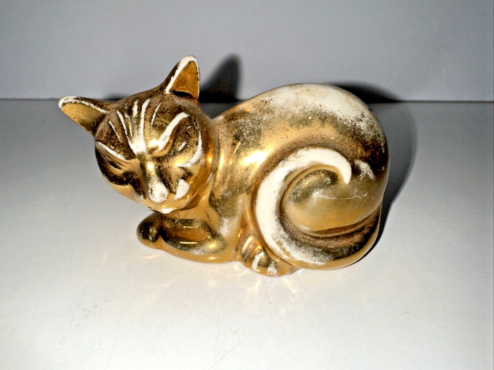 Vintage MCM Porcelain Gold Cat, Sleeping/Laying Down