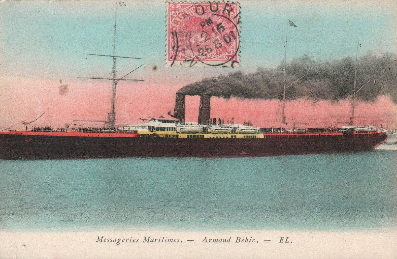 RARE 1901 VINTAGE Messageries Maritimes Steamship Armand Behic POSTCARD