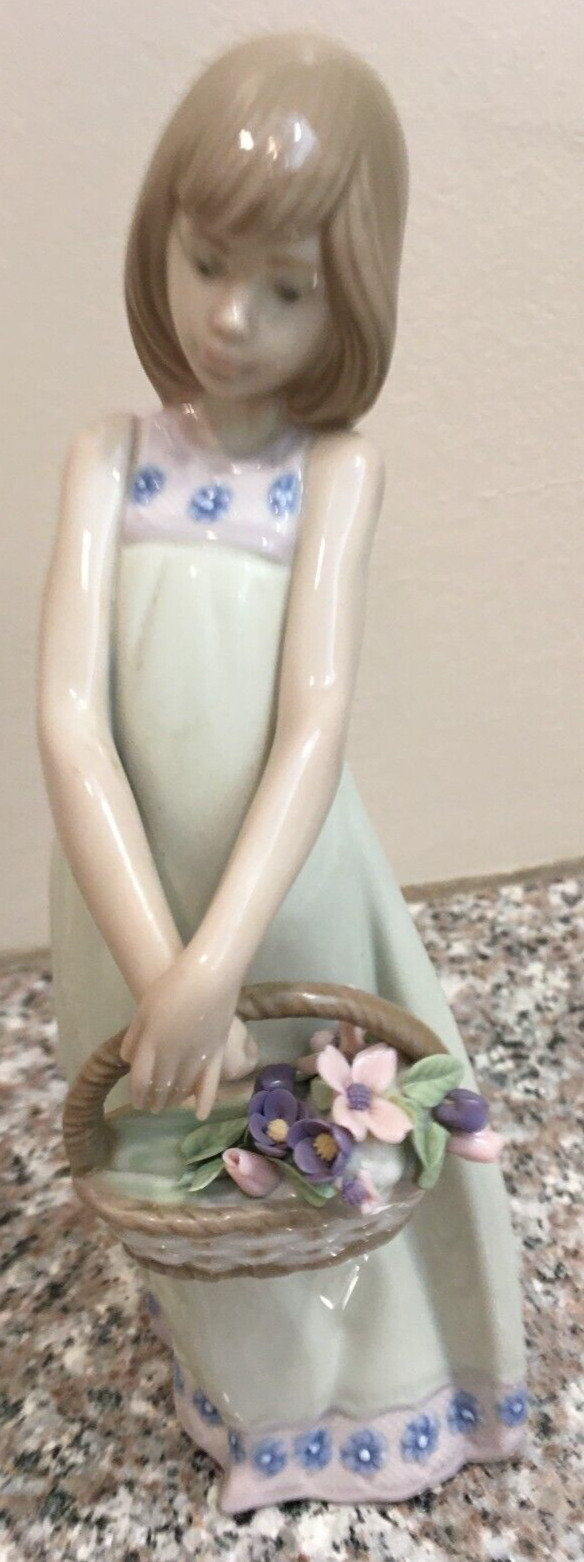 Lladro #5605 “Floral Treasures” Glossy Figurine - Girl Holding Flower Basket